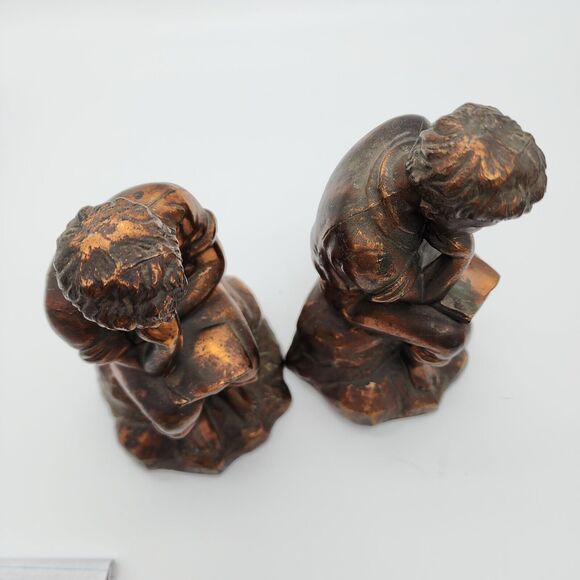 Pair of Antique Bookends Boy Reading Cast Metal Bronze Finish Office Decor MCM - Picture 4 of 15